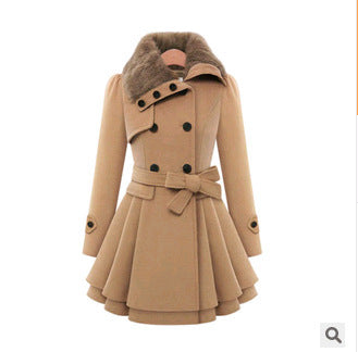 Women's Slim Mid-length Woolen Coat With Belt Thickened Double-breasted Padded Windbreaker Coat
