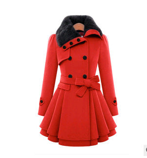 Women's Slim Mid-length Woolen Coat With Belt Thickened Double-breasted Padded Windbreaker Coat